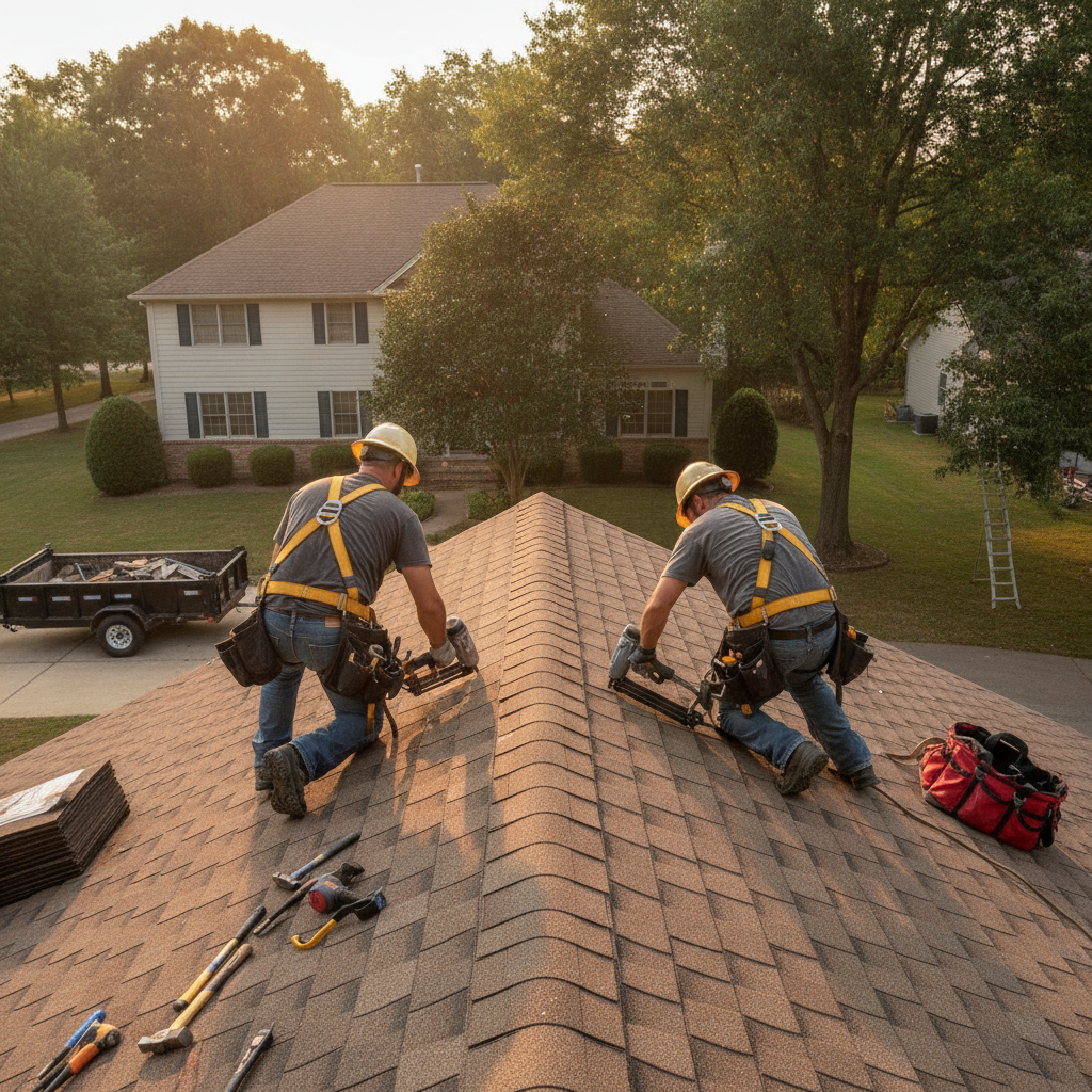Create a realistic, professional service-business photograph showing Shingle Installation from behind, with the backs of their heads visible. Do not show any faces, facial features, front-facing views or side views, profiles, or identifiabl