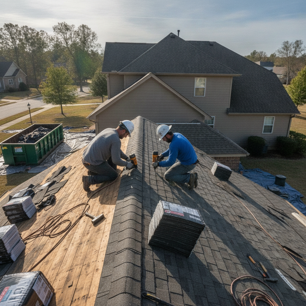 Create a realistic, professional service-business photograph showing Roof Replacement from behind, with the backs of their heads visible. Do not show any faces, facial features, front-facing views or side views, profiles, or identifiable pe