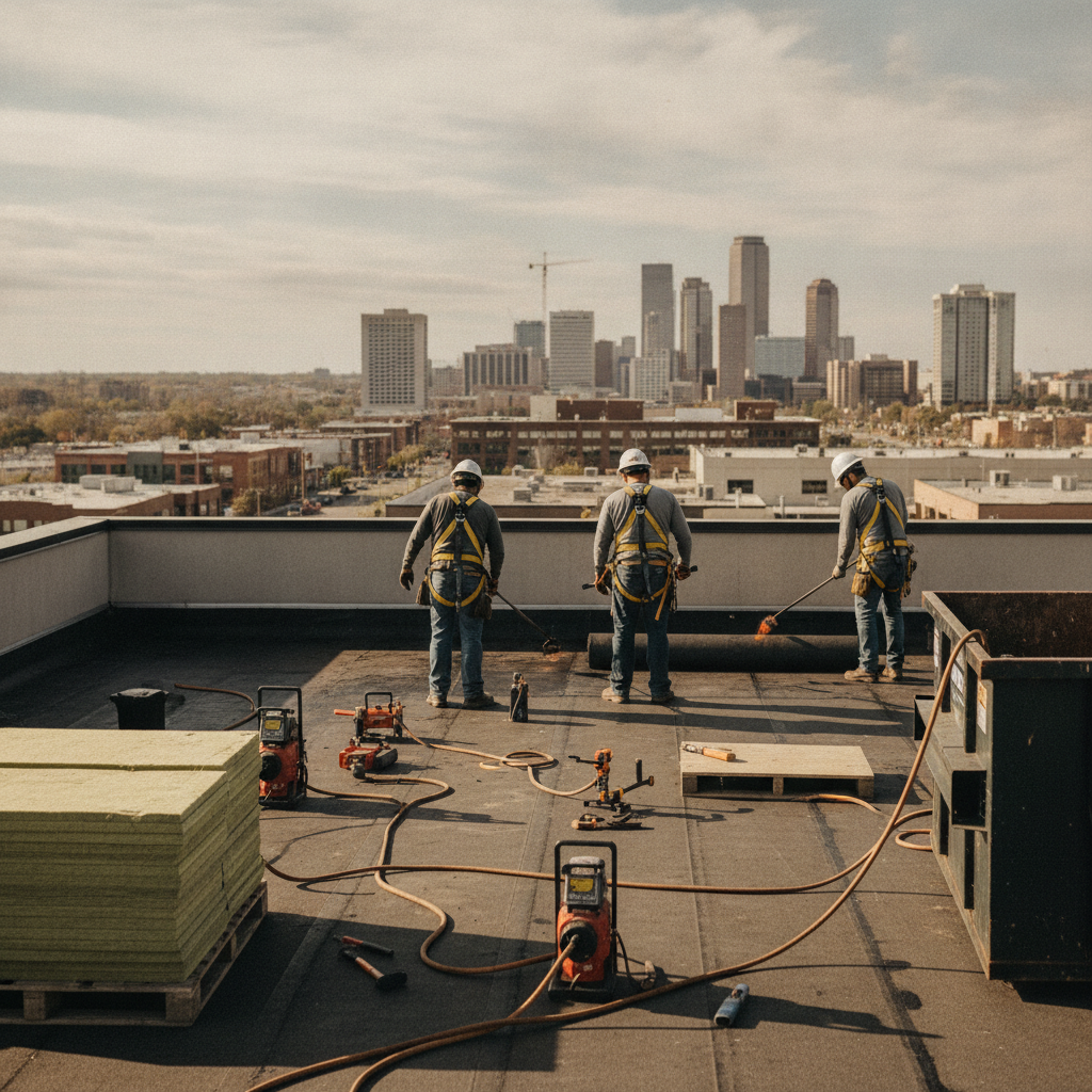 Create a realistic, professional service-business photograph showing Commercial Roofing from behind, with the backs of their heads visible. Do not show any faces, facial features, front-facing views or side views, profiles, or identifiable