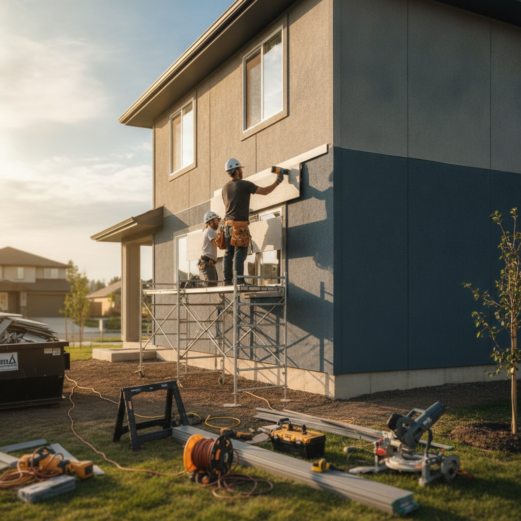 Create a realistic, professional service-business photograph showing Siding Installation from behind, with the backs of their heads visible. Do not show any faces, facial features, front-facing views or side views, profiles, or identifiable