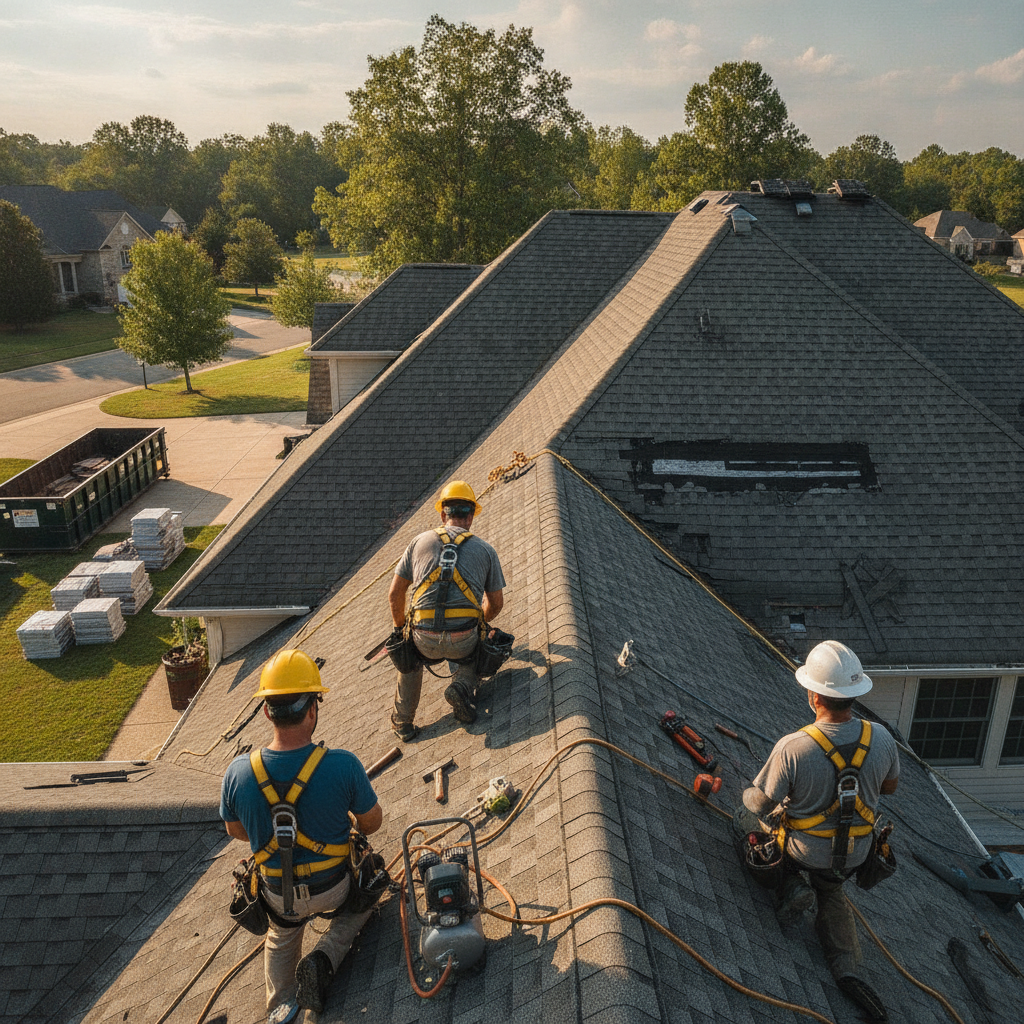 Create a realistic, professional service-business photograph showing Residential Roofing from behind, with the backs of their heads visible. Do not show any faces, facial features, front-facing views or side views, profiles, or identifiable